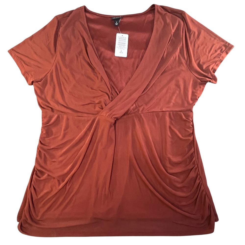 Torrid Fire Brick Red Stretch Mesh Surplice Shirred Top Plus Size 2 NWT